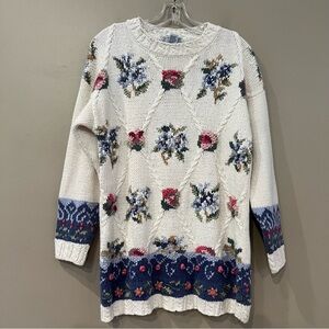 Vintage‎ Cottagecore Chunky Raised Knit Pom Pom Baggy Sweater Ivory Floral Sz S